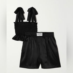 Sleeper Black Tender Fighter Ruffled Shirred Silk-satin Pajama Set